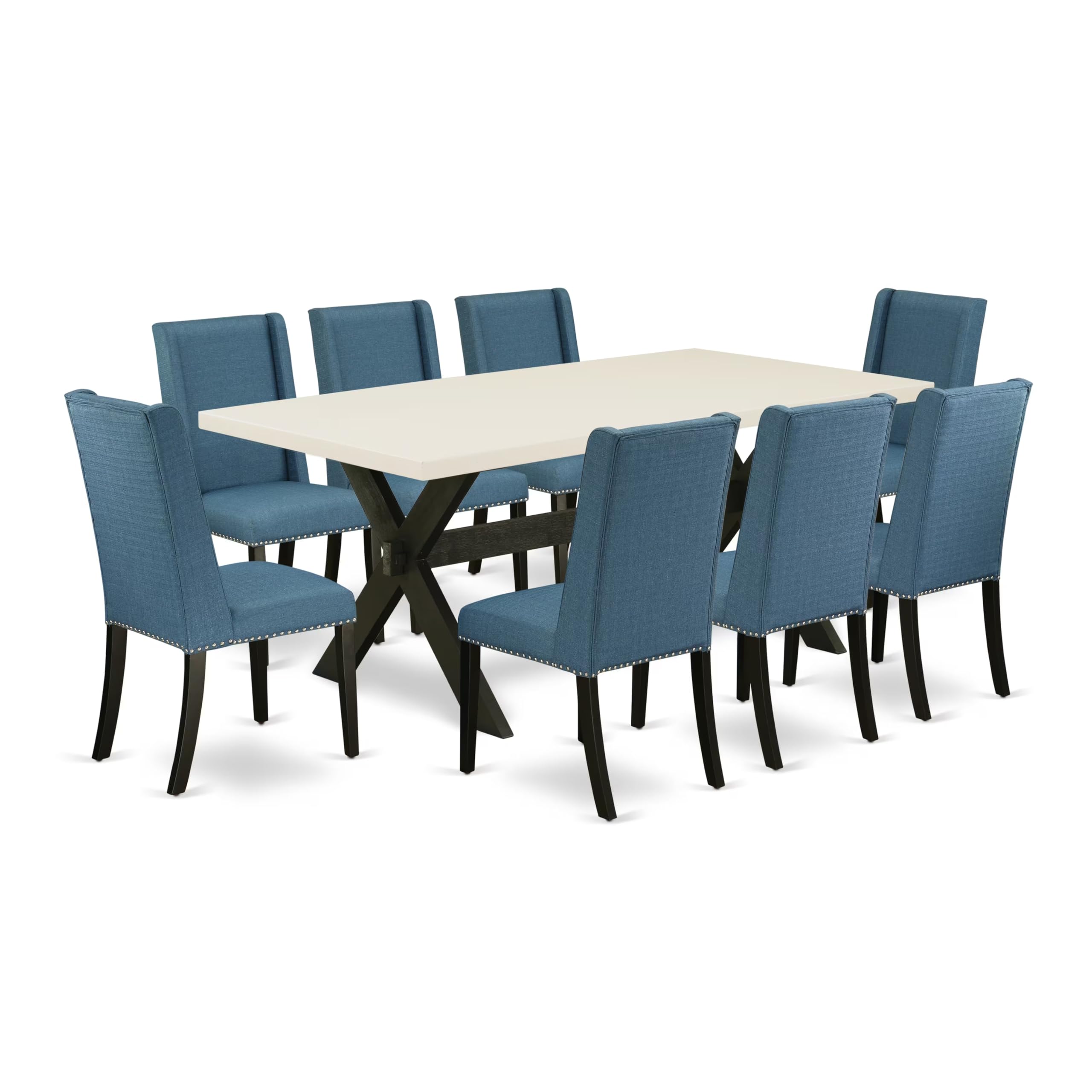 East West Furniture X627Fl121-9 9 Piece Kitchen Table & Chairs Set Includes A Rectangle Dining Room Table With X-Legs And 8 Blue Linen Fabric Parson Dining Chairs, 40X72 Inch, Multi-Color